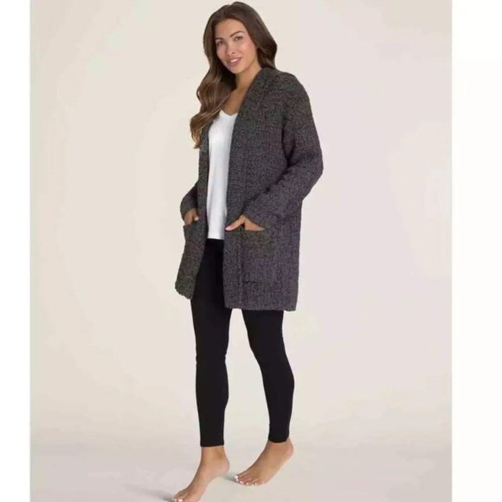 Barefoot Dreams Boucle Hooded Cardigan Carbon Gray Open Front Sz S / M - Picture 2 of 8
